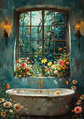 Floral Bathroom with Garden View Painting