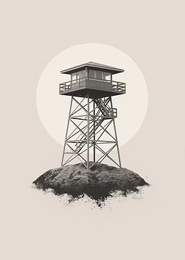 Monochrome Fire Lookout Tower Illustration
