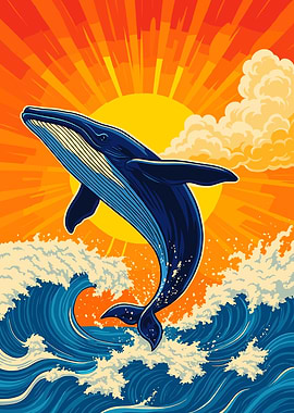 Whale breaching ocean waves at sunset