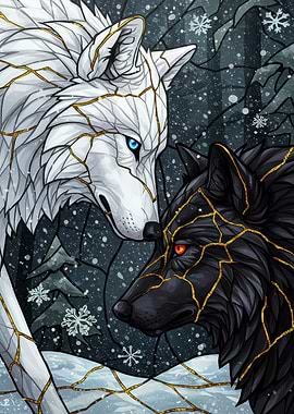 White and Black Wolves in Winter