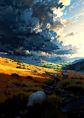 Pastoral Landscape with Sheep and Clouds