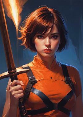 Female Warrior with Flaming Sword Portrait
