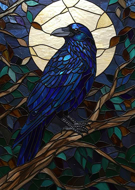 Stained Glass Raven Under the Moon