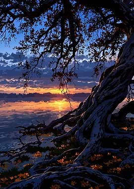 Sunset Tree by the Water