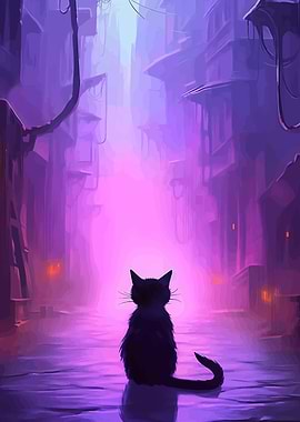 Black Cat in Purple Cityscape