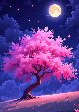 Pink Cherry Blossom Tree at Night