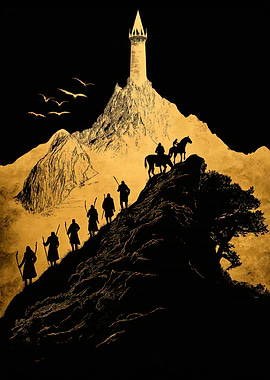 Mountain Journey to Tower Silhouette Art