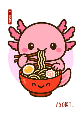 Cute Kawaii Axolotl Eating Ramen Illustration