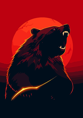 Roaring Bear Silhouette with Red Moon