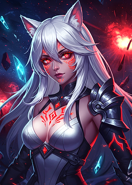 Anime Wolf Girl with Red Markings