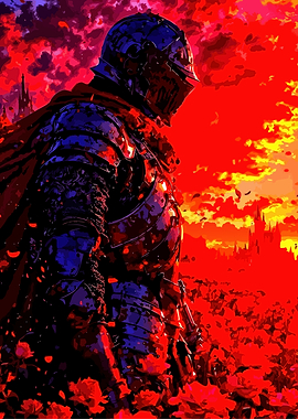 Armored Knight in Fiery Landscape