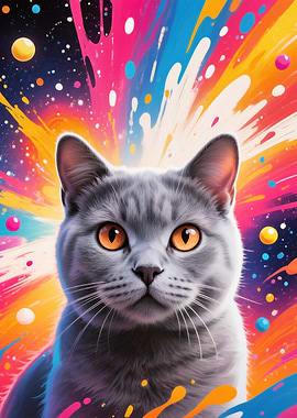 Gray Cat with Colorful Abstract Background