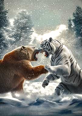 Bear and Tiger Fight in Snow