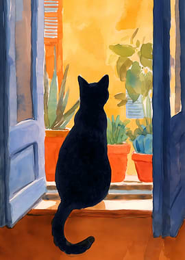 Black Cat at Open Window Watercolor