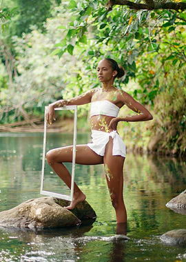 Woman in nature with white frame
