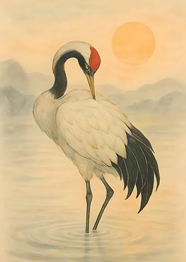 Red-crowned crane in water at sunset
