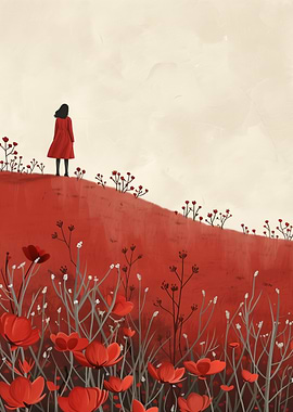 Red Coat in Floral Landscape