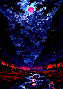 Night Landscape with River and Moon