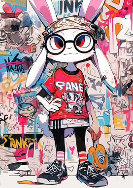 Urban Bunny Character with Graffiti Background