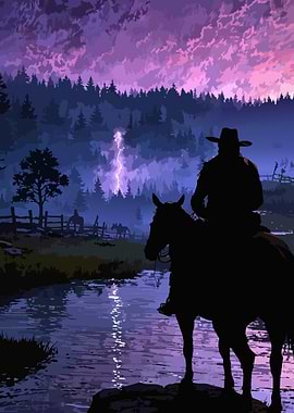 Cowboy Silhouette Under Stormy Sky