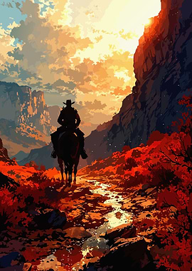Cowboy Riding Through Canyon at Sunset