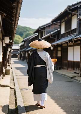 Buddhist Monk walking in traditional Japanese village