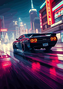 Retro Car in Neon Cityscape