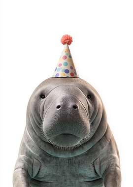 Manatee with Birthday Party Hat