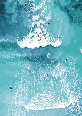 Surfers in Blue Ocean Waves