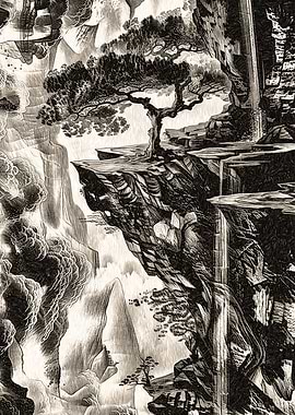 Monochrome Landscape with Tree and Waterfall