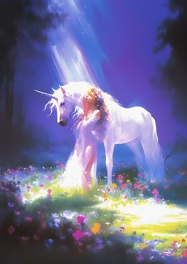 Unicorn and Woman in Floral Meadow