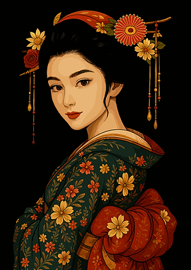 Geisha Portrait with Floral Kimono