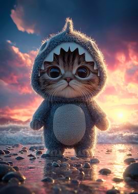 Kitten in Shark Costume on Sunset Beach: A Cute Seaside Adventure