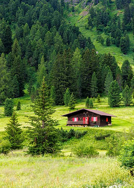 Cabin in the green mountain landscape