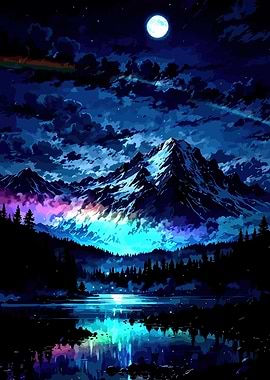 Night Mountain Landscape with Moon