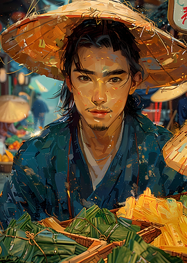 Asian man with conical hat portrait