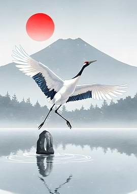 Japanese Crane and Mount Fuji Art