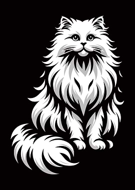 White Fluffy Cat on Black Background