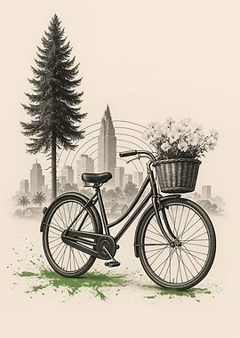 Vintage Bicycle with Flowers and Cityscape