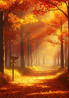 Autumn Forest Path with Signpost