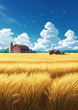 Golden Wheat Field with Red Barn