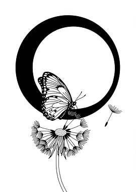 Butterfly on Dandelion with Crescent Moon