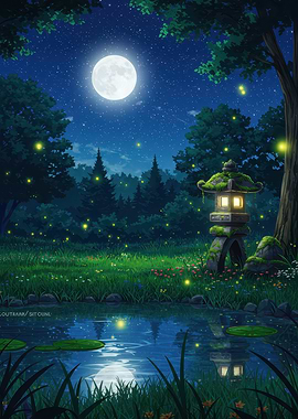 Moonlit Japanese Garden with Fireflies