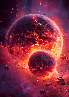 Molten Planet Collision Amid Fiery Cosmic Debris
