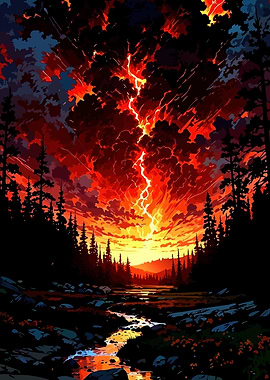 Fiery Sky Over Forest Landscape
