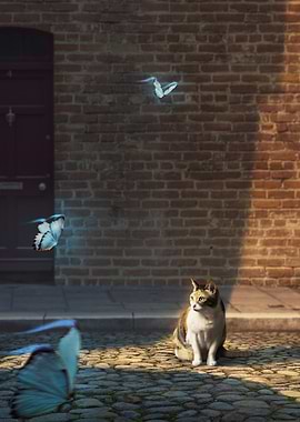 Cat and Butterflies in Alleyway