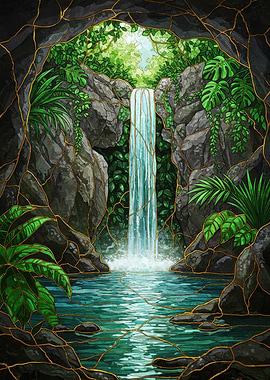 Tropical Waterfall Stained Glass Illustration