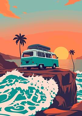 Retro Van on Cliff at Sunset