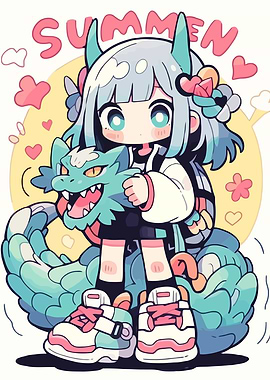 Anime Girl with Dragon Summer Illustration