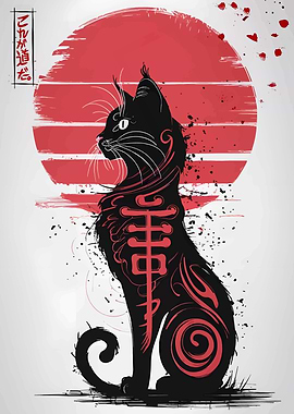 Black Cat with Japanese Symbol Art